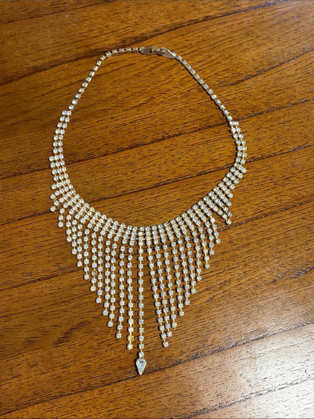 Rhinestone Fringe Statement Necklace in Gold Tone
